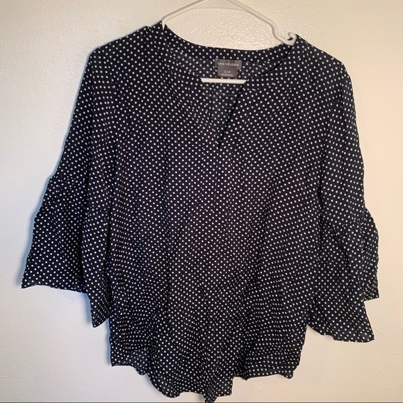 Van Heusen Split Neck Blouse Navy Polka Dots Bell Sleeve - Picture 2 of 9